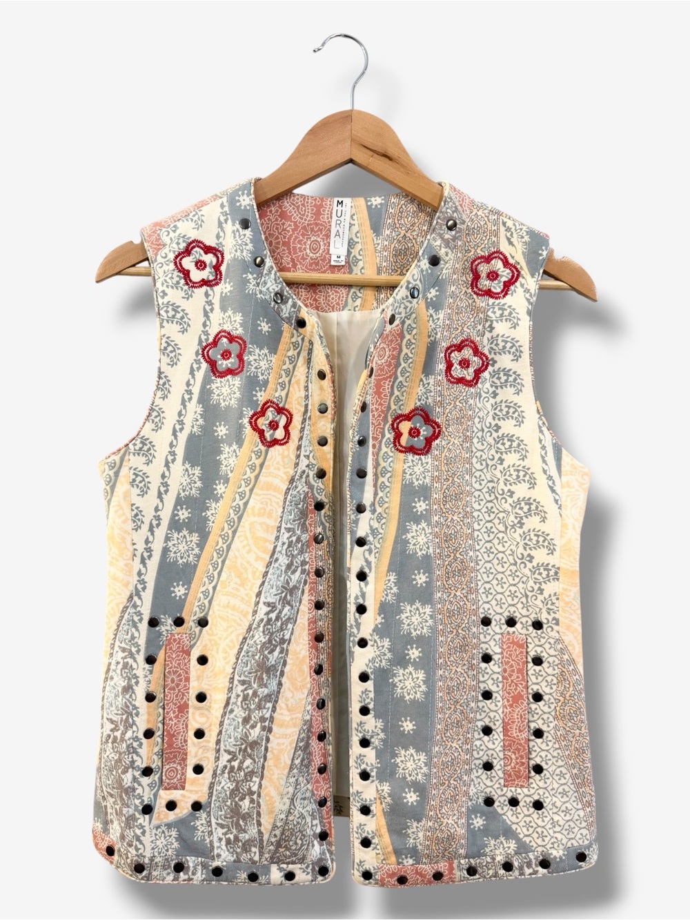 Mural Boho Patchwork Vest Size M Embroidered Floral Studded Accent Art to Wear